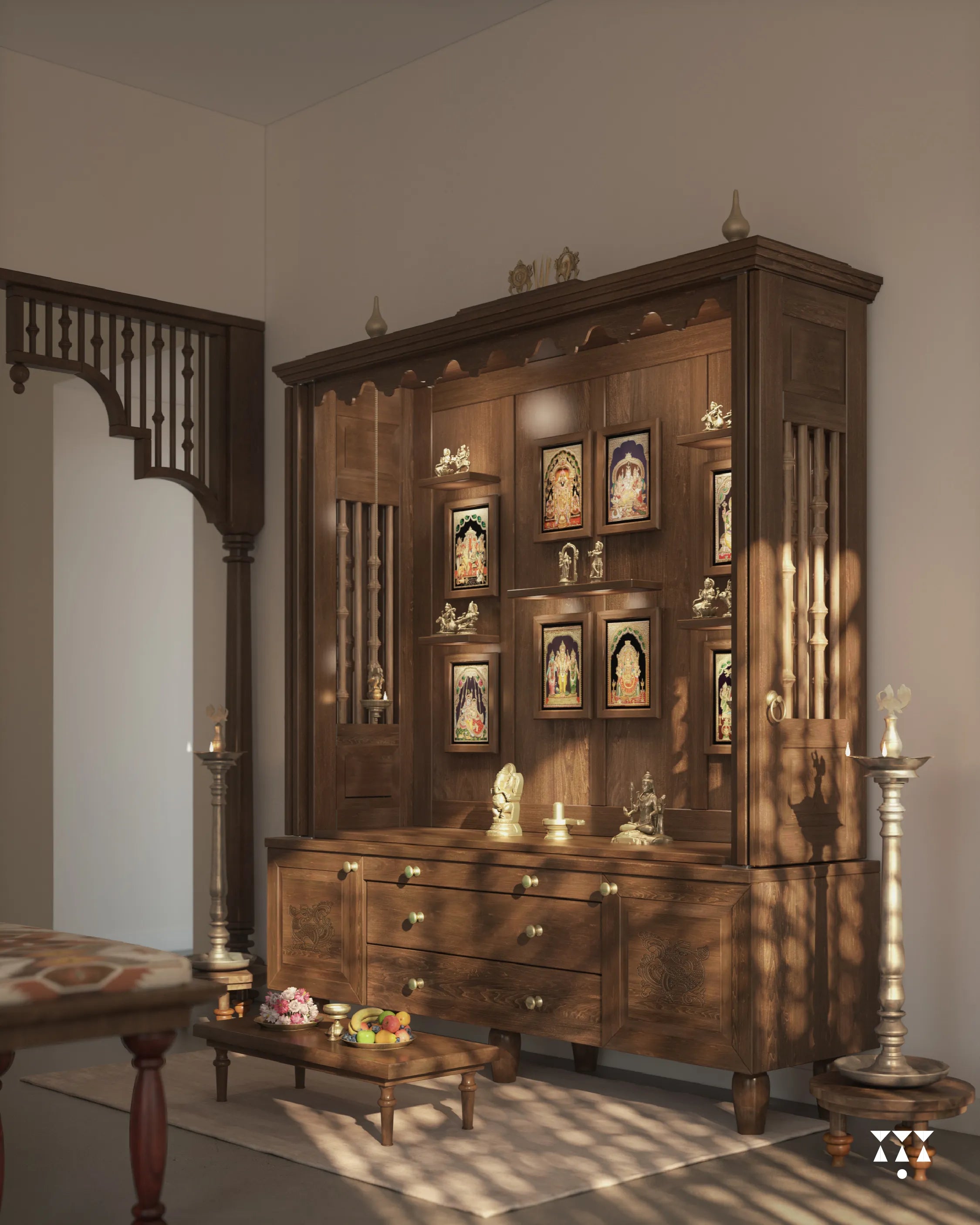 BHEEMA - Beautifully Crafted Stunning Free-Standing Pooja Temple with Bifold Shutters & Pure Brass Accents