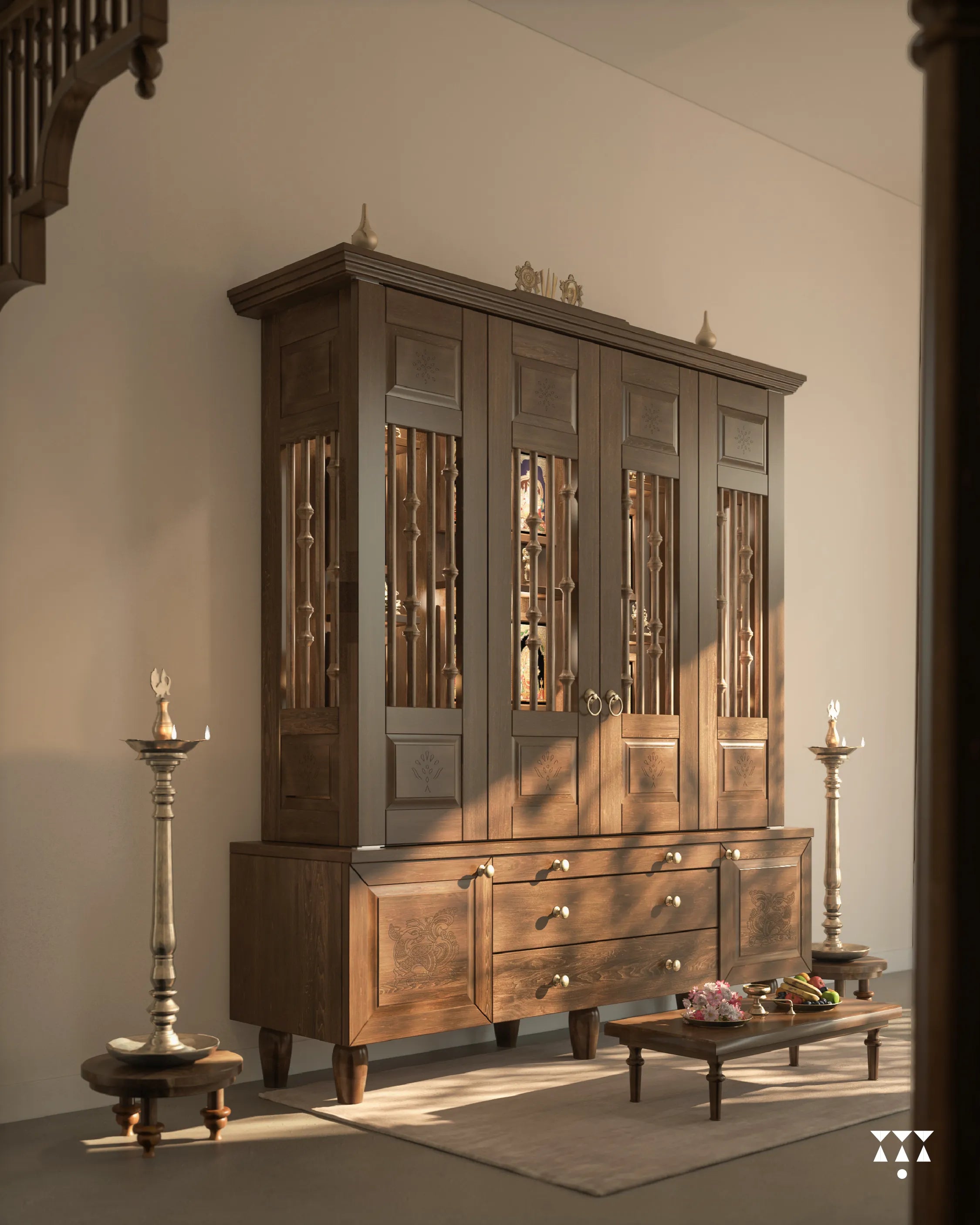 BHEEMA - Beautifully Crafted Stunning Free-Standing Pooja Temple with Bifold Shutters & Pure Brass Accents