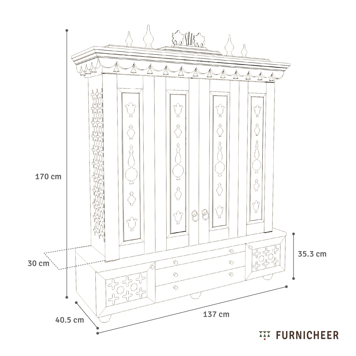 Dimensions of a decorative cabinet with 'Furnicheer' branding