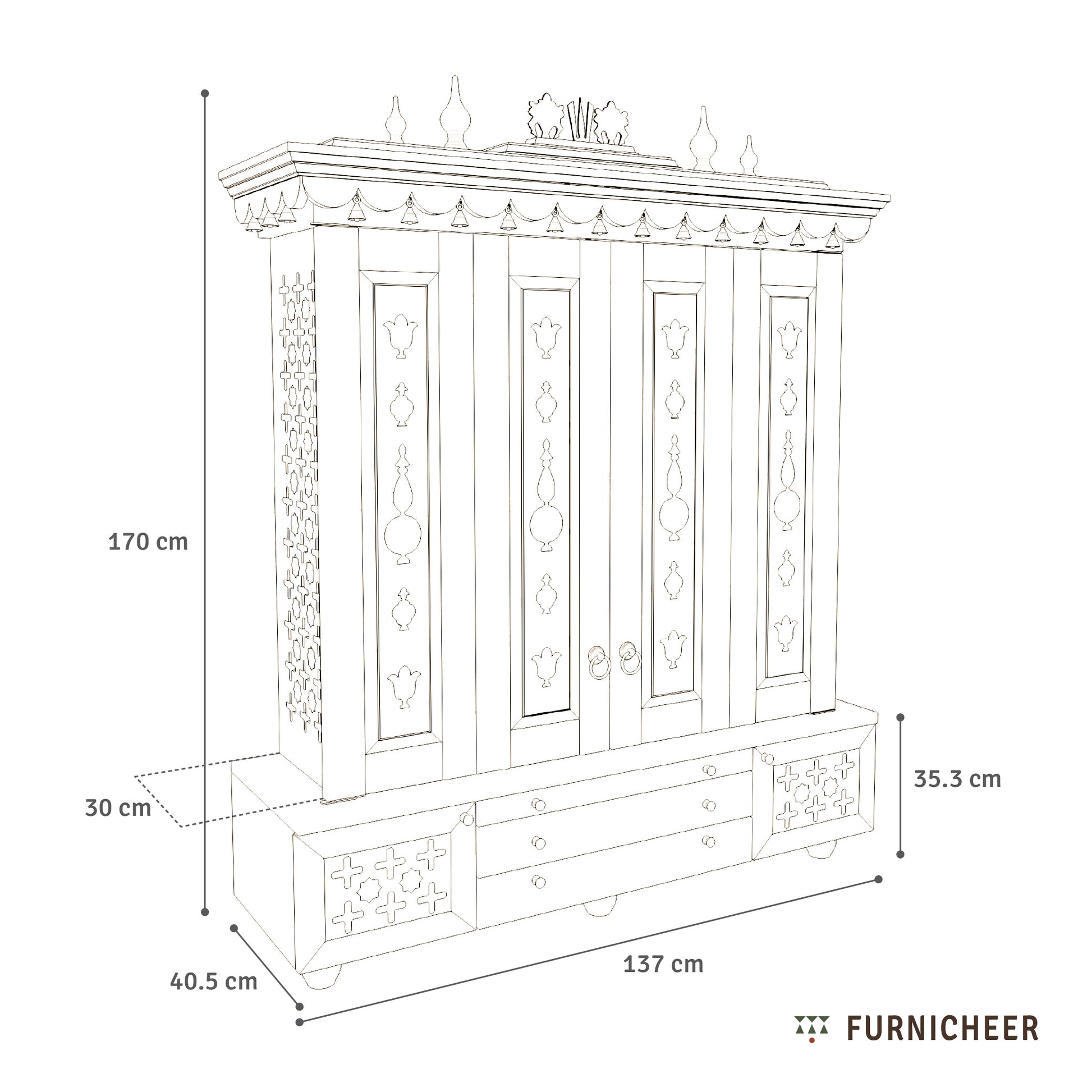 Dimensions of a decorative cabinet with 'Furnicheer' branding