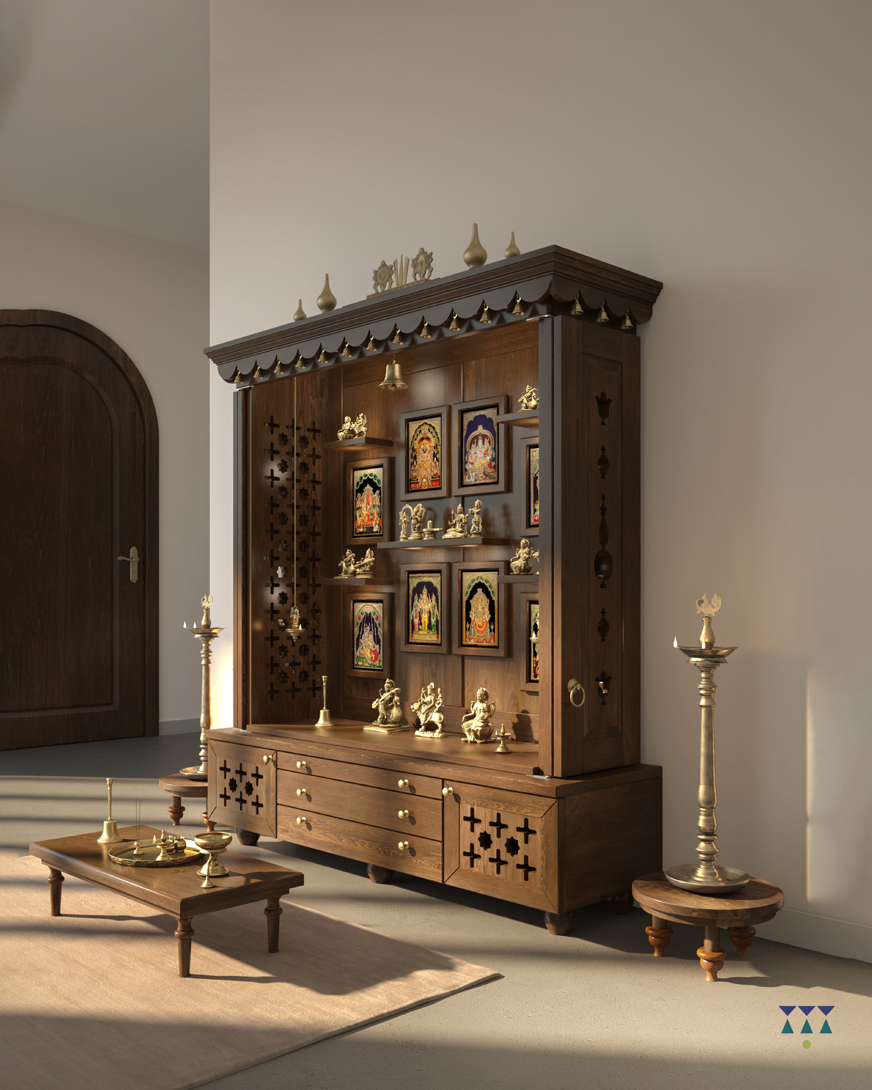BHEEMA - Beautifully Crafted stunning Free-Standing Puja Temple with Bifold Shutters & Pure Brass Accents