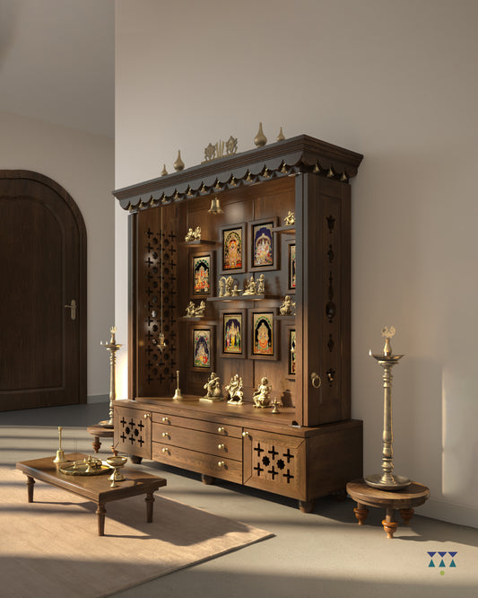 BHEEMA - Beautifully Crafted stunning Free-Standing Puja Temple with Bifold Shutters & Pure Brass Accents
