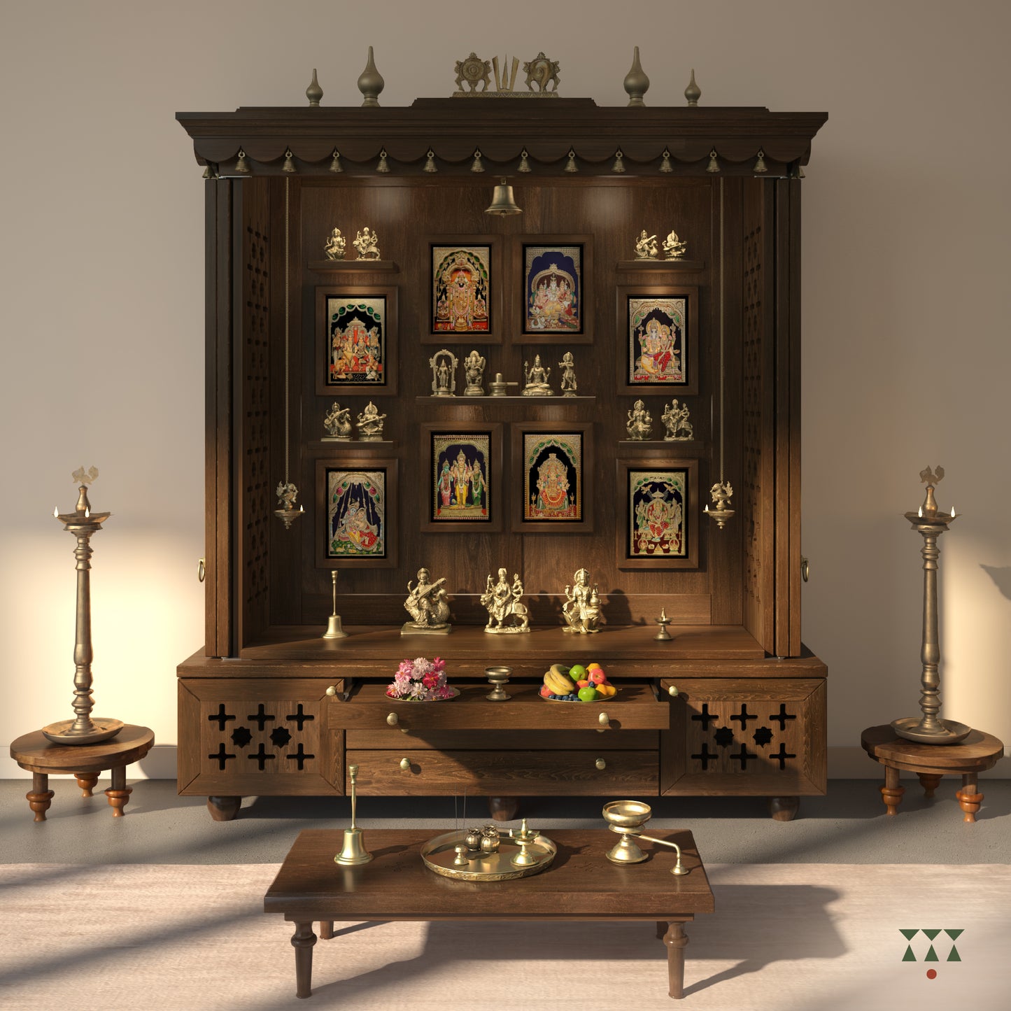 A wooden temple placed in a living room with pooja essential accessories.