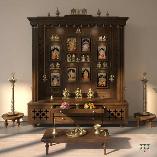 A wooden temple placed in a living room with pooja essential accessories.