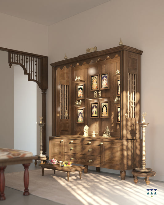 BHIMAKSA - Beautifully Crafted Stunning Free-Standing Pooja Temple with Bifold Shutters & Pure Brass Accents