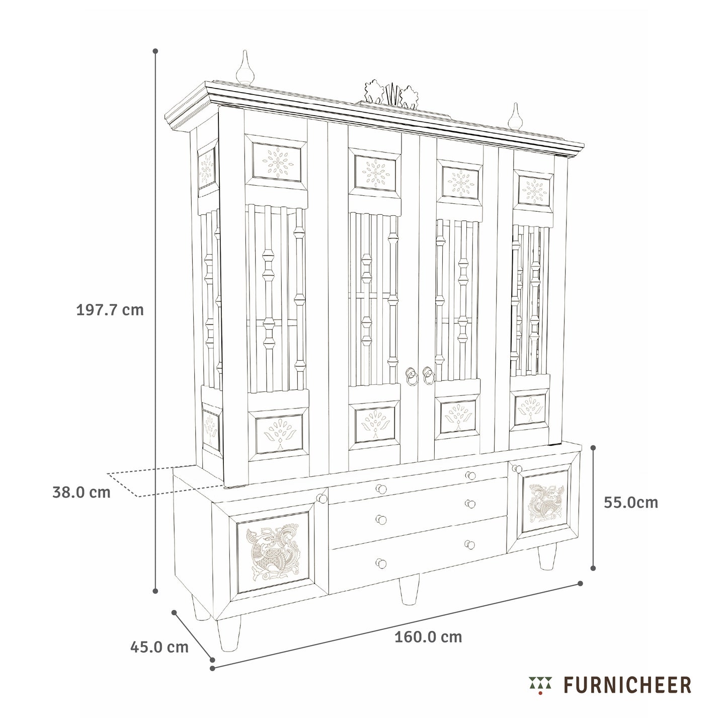 Line drawing of a wooden cabinet with dimensions labeled, branded 'Furnicheer'.