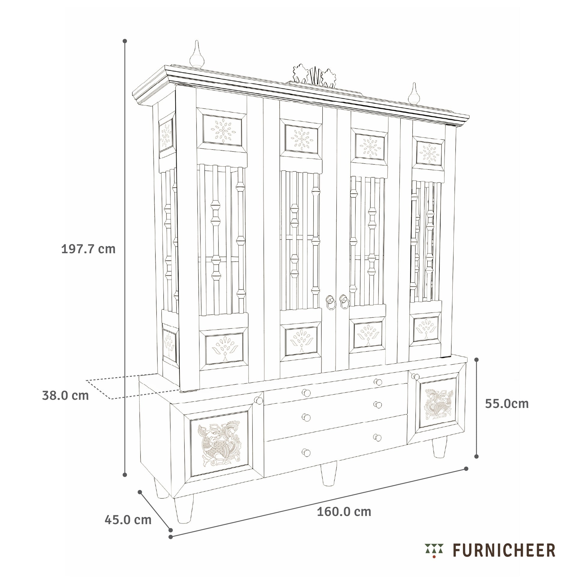 Line drawing of a wooden cabinet with dimensions labeled, branded 'Furnicheer'.
