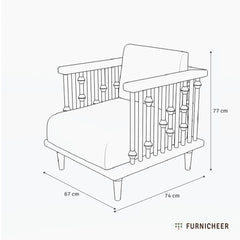 Line drawing of a statement wooden armchair with the dimensions: Height 77cm, Width 67cm and Depth 74cm