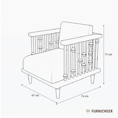 Line drawing of a statement wooden armchair with the dimensions: Height 77cm, Width 67cm and Depth 74cm