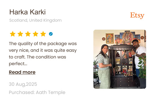 Etsy seller profile with a customer review and image of a couple with a cabinet.