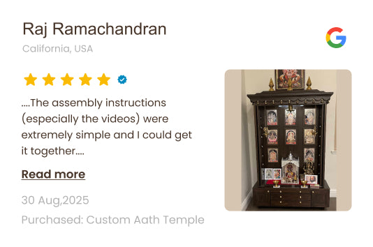 Product review with a photo of a custom-made Aath Temple and a Google review icon.