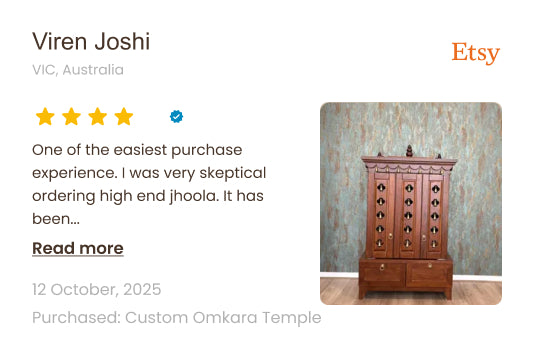 Etsy listing with a wooden home temple and customer review text.