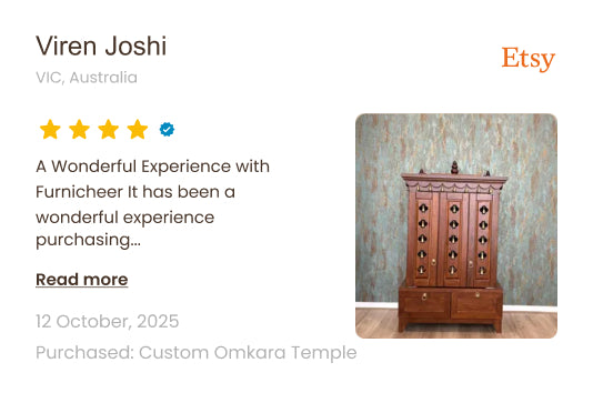 Etsy listing with a solid wood temple image and customer review text.