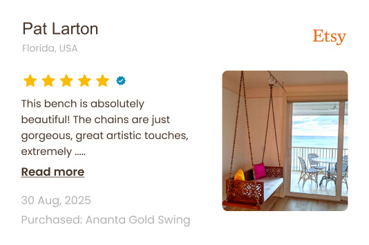 Product listing on Etsy with a swing and review text.