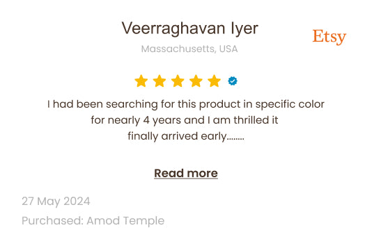 Etsy product listing with a five-star rating and customer review on a white background