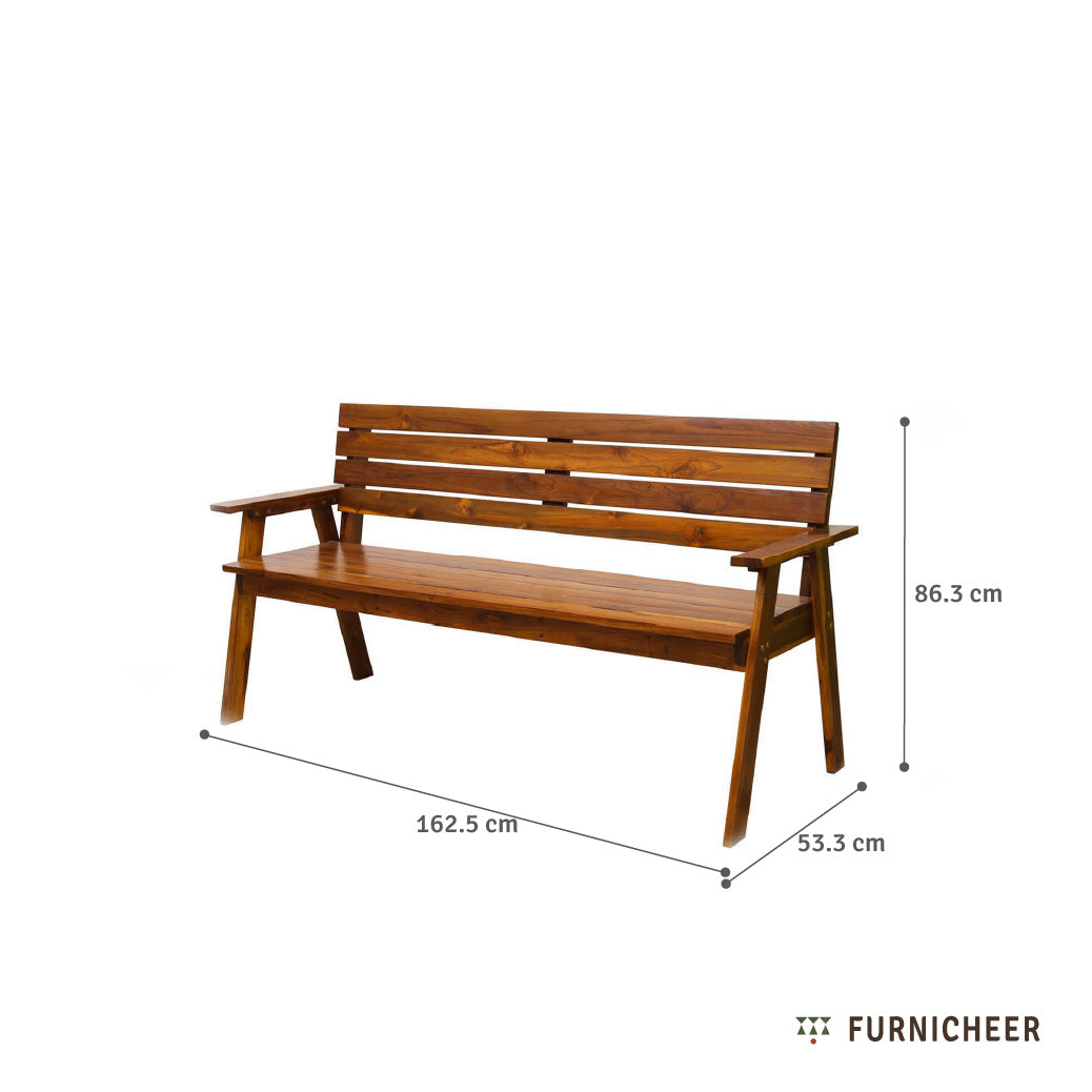 Wooden bench with dimensions on a white background, branded as Furnicheer.