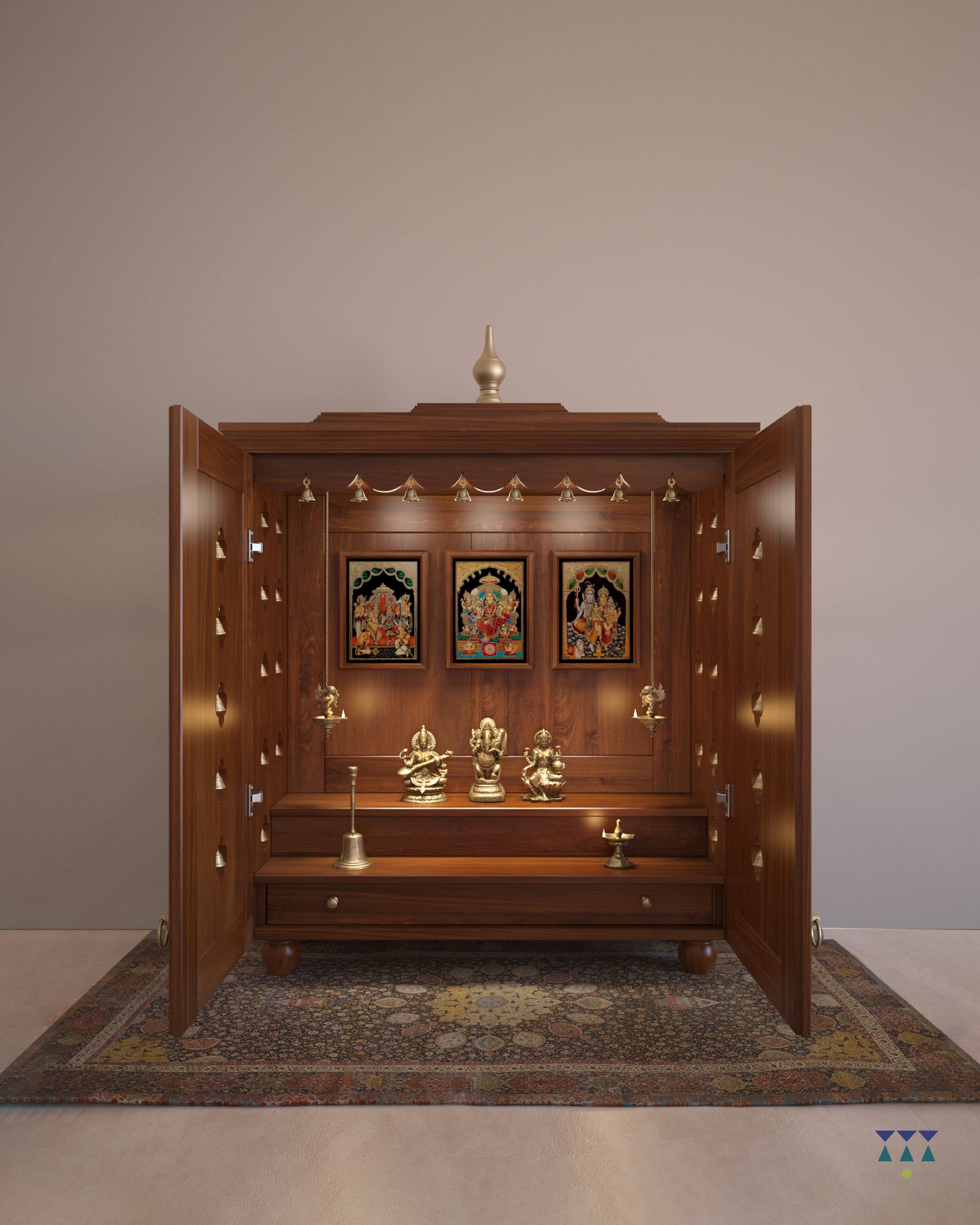 GAURIK - Handcrafted Solid Wood 2-Step Puja Temple Mandir with Drawer
