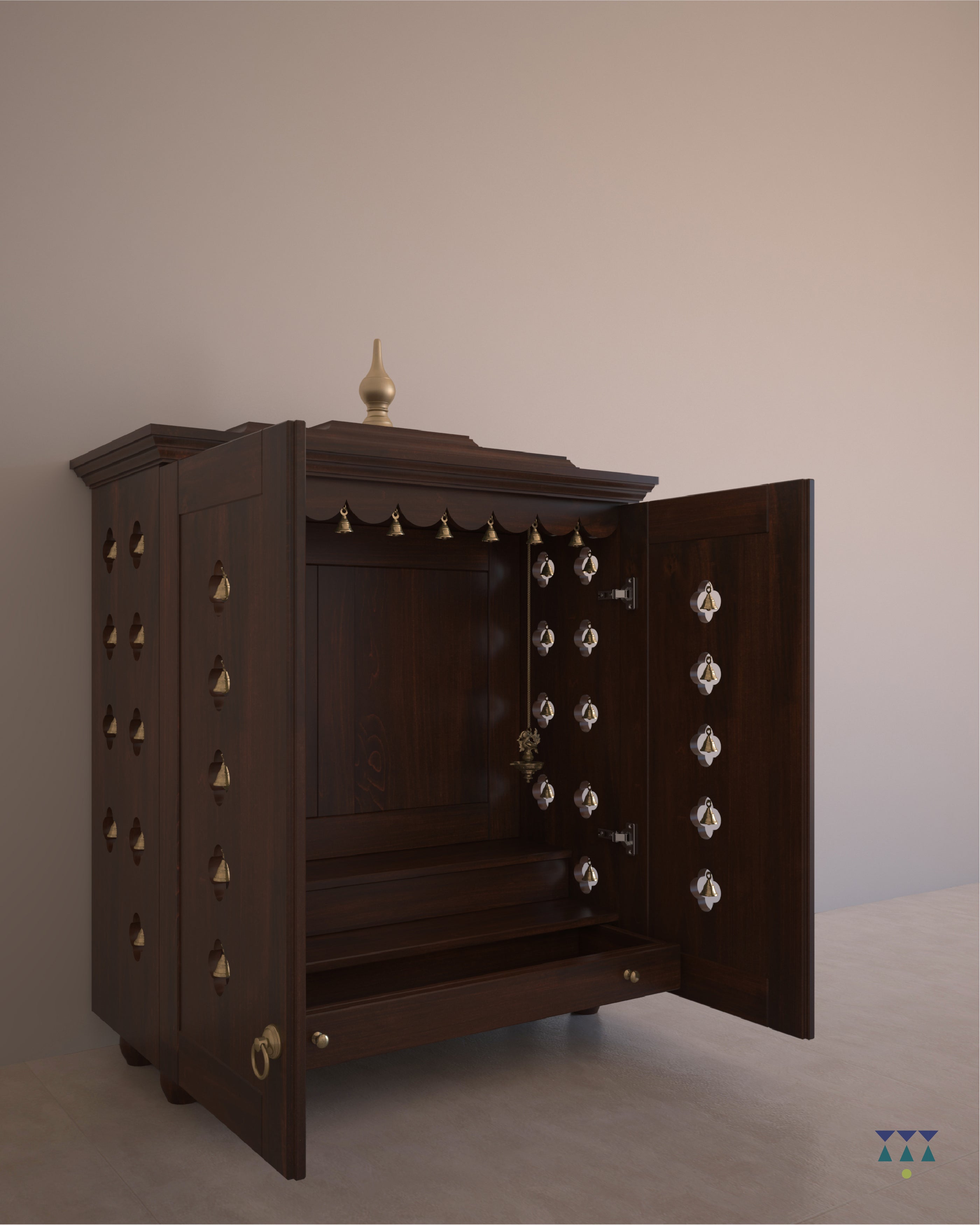 GAURIK - Handcrafted solid wood 2-step puja temple mandir with drawer