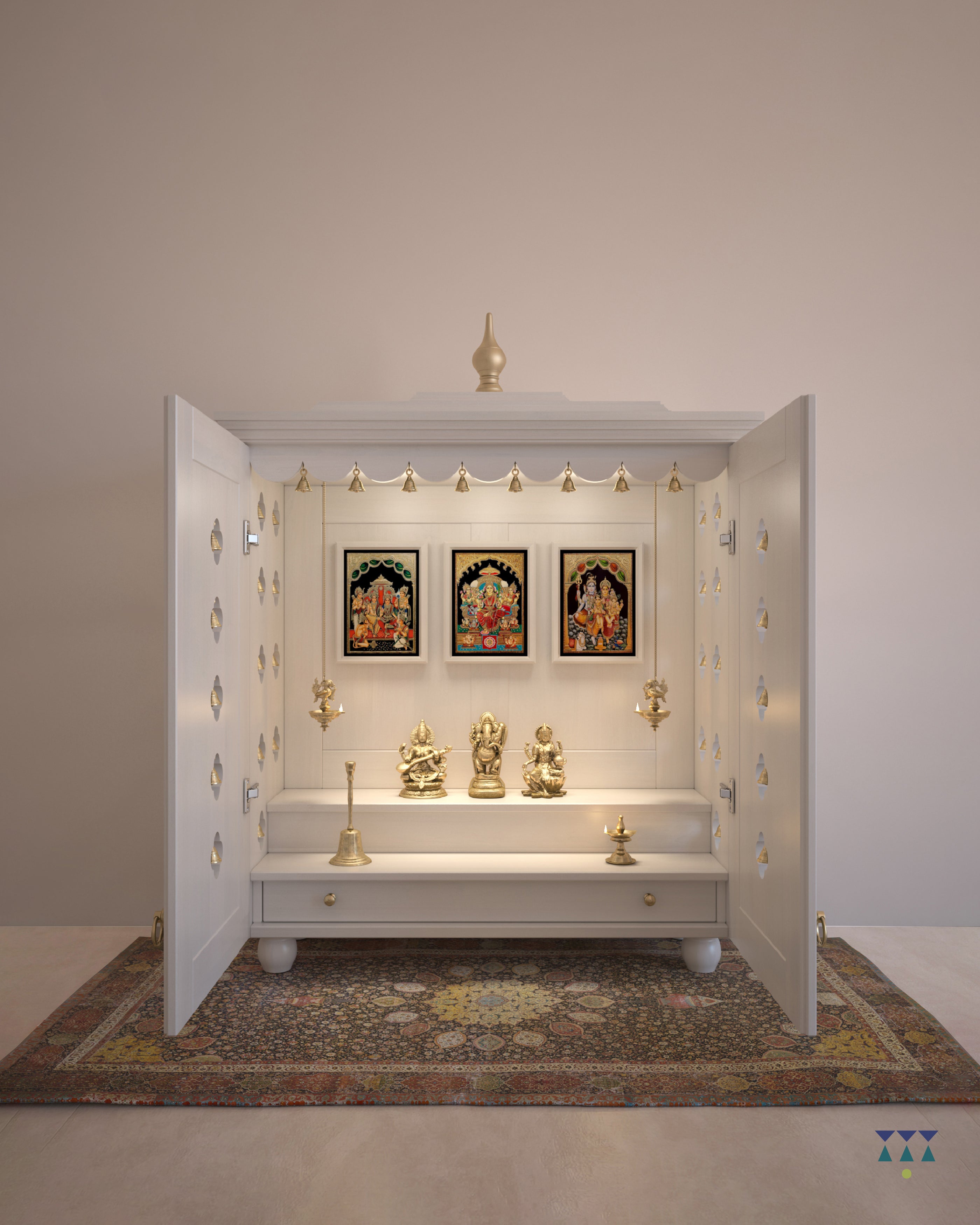 GAURIK - Handcrafted Solid Wood 2-Step Puja Temple Mandir with Drawer