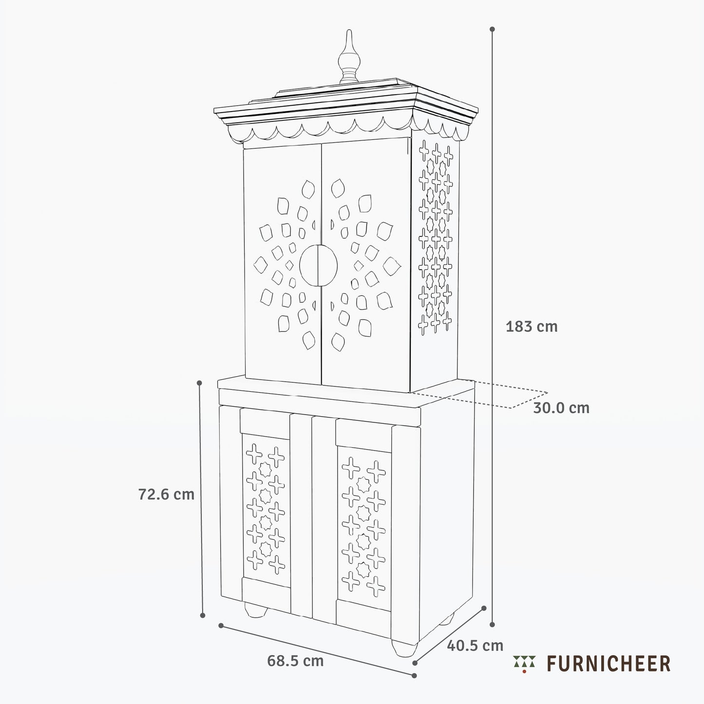 Line drawing of a decorative cabinet with dimensions labeled, featuring the brand 'Furnicheer'.