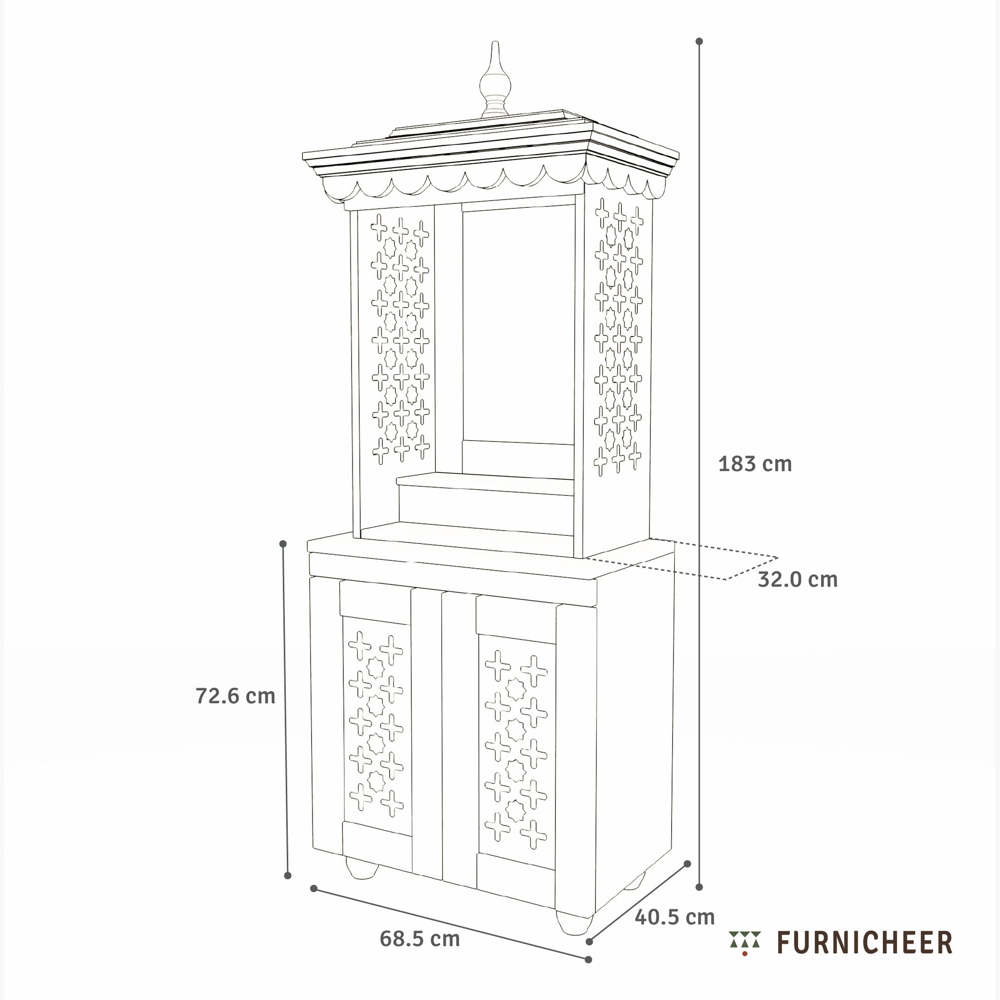 Line drawing of a wooden cabinet with dimensions labeled, featuring the brand 'Furnicheer'.