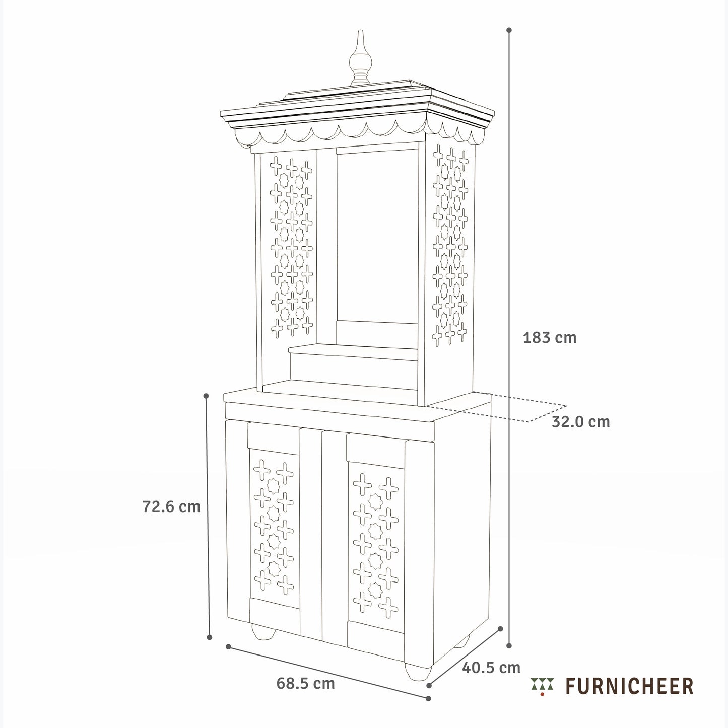 Line drawing of a wooden cabinet with dimensions labeled, featuring the brand 'Furnicheer'.