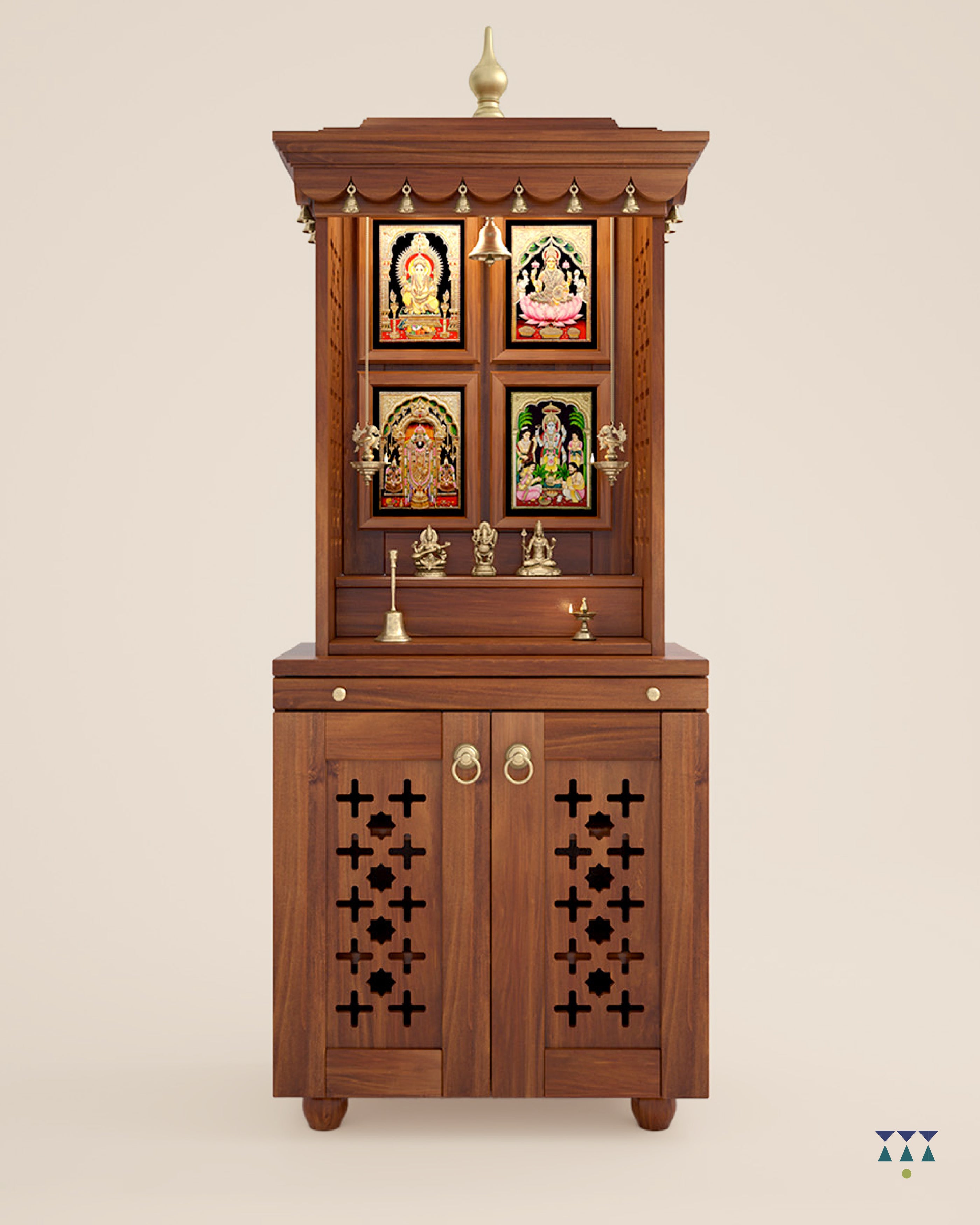 GAURYA  - Beautiful Free Standing Puja Mandapam with Brass Accents & Storage Unit