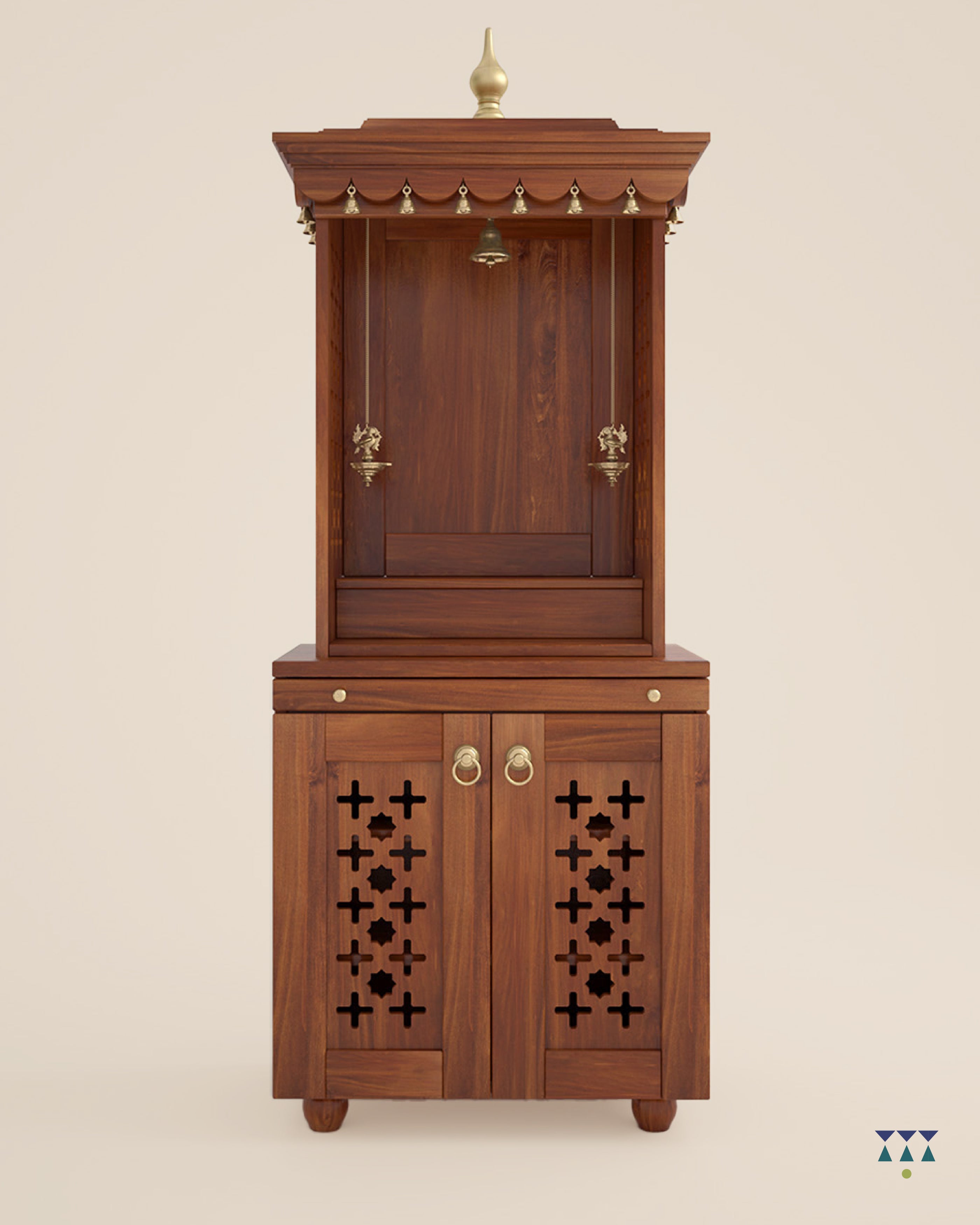 GAURYA  - Beautiful Free Standing Puja Mandapam with Brass Accents & Storage Unit