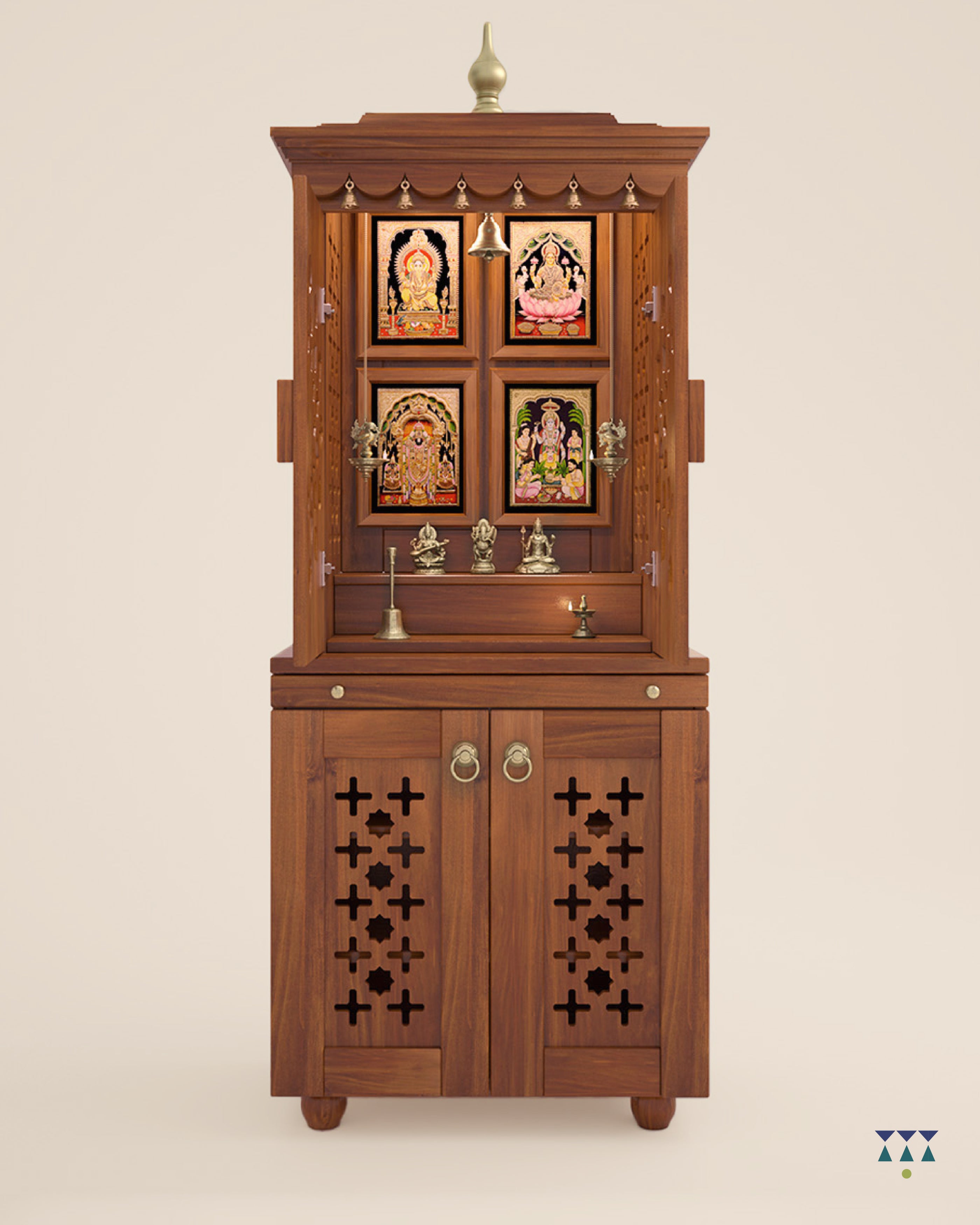 GAURYA - Beautiful Free Standing Puja Mandapam with Doors & Brass Accents