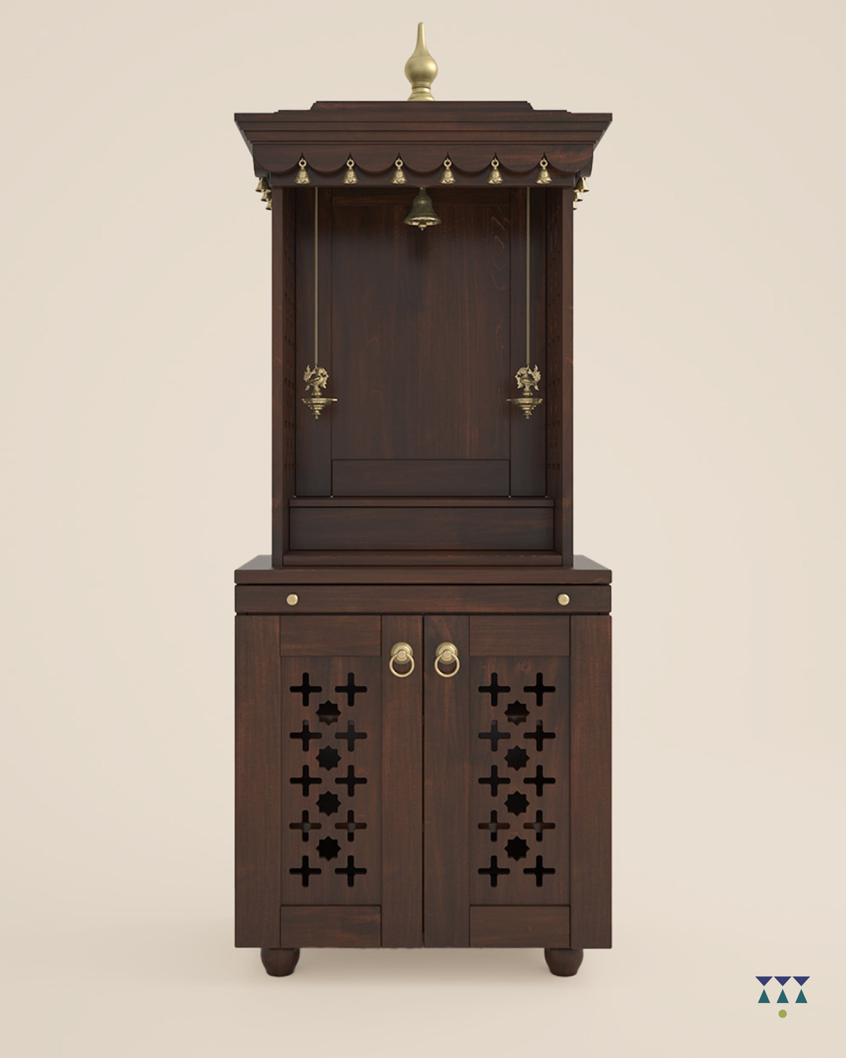 GAURYA- Beautiful Free Standing Puja Mandapam with Brass Accents & Storage Unit