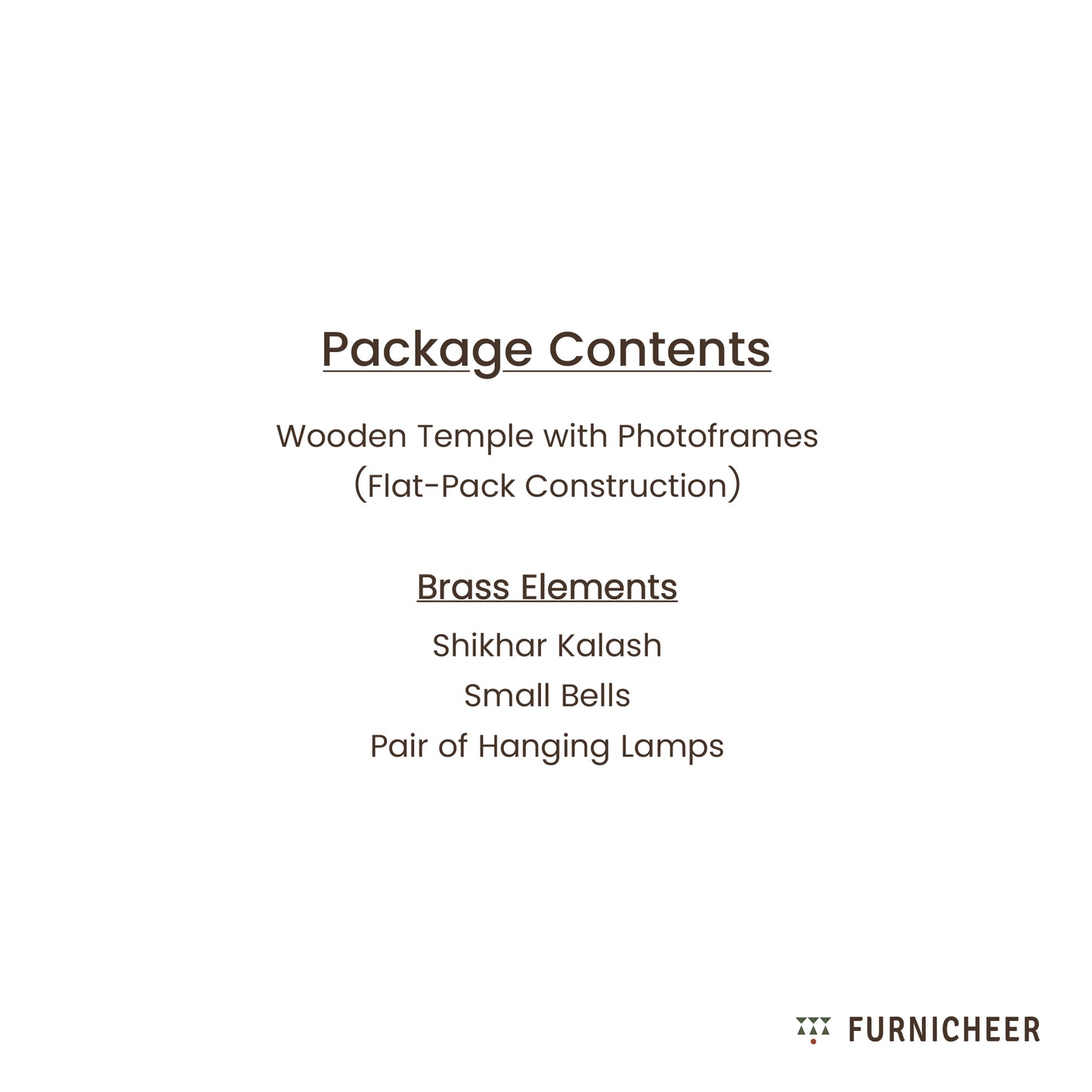 List of package contents including a wooden temple, photo frames and pure brass elements