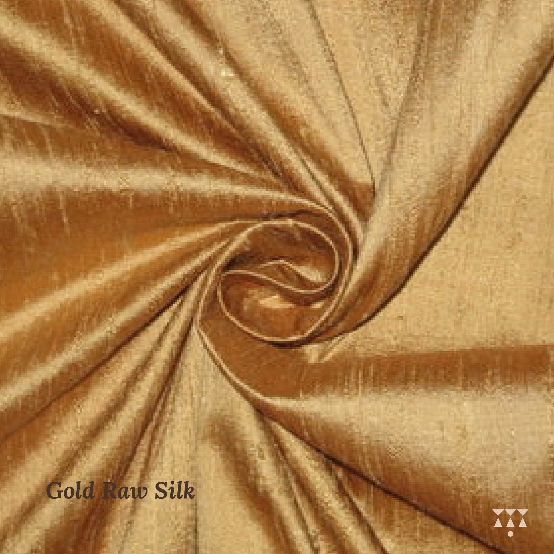 Close-up of gold raw silk fabric with a visible brand logo.