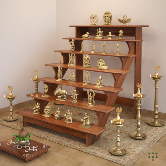 7 Golu steps crafted in solid wood that beautifully showcase festive dolls during Navratri, tinted in almond brown