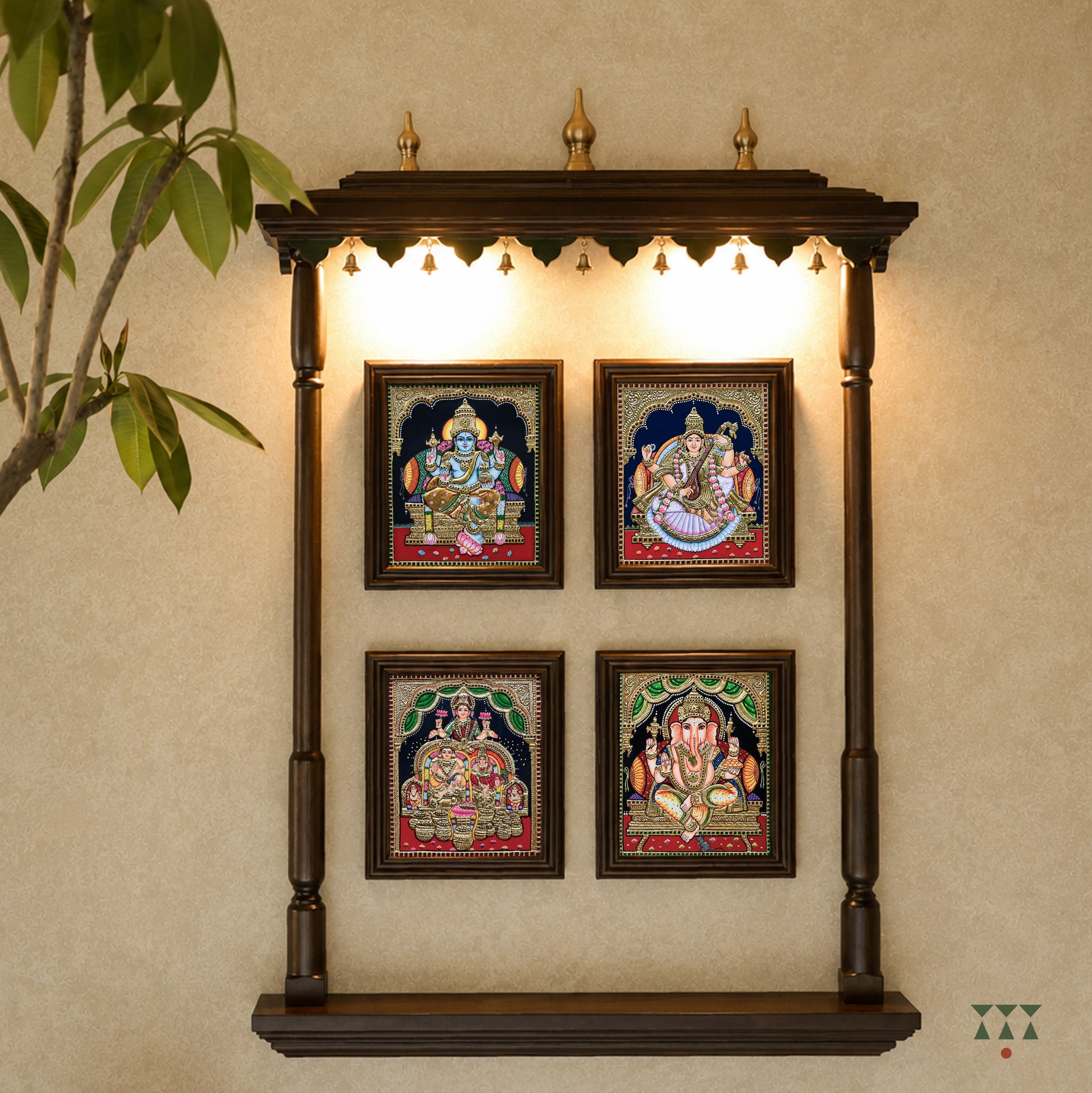 Decorative wall shelf with framed artwork on a beige wall.