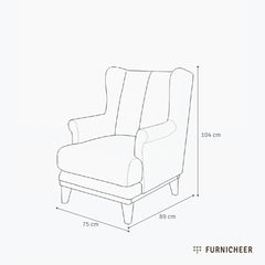 Line drawing of an upholstered, solid wood wing chair with the dimensions, Height 104cm, Width 75cm, Depth 89cm