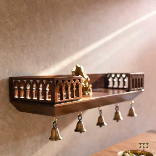 Wooden Wall mounted temple shelf with brass bells