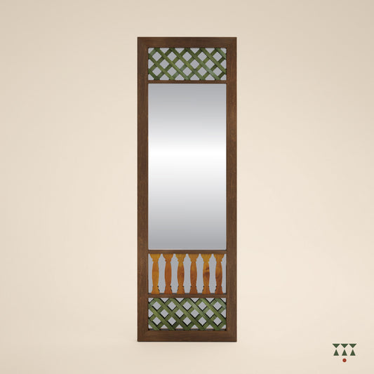 Wooden full-length mirror with a stand and trellis patterns tinted in Mocha Brown with Mustard Yellow & Moringa Green accents