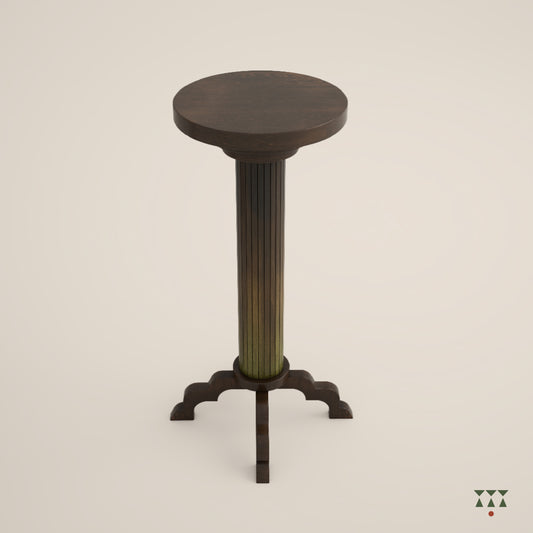 A slender, solid wood side table with a round top and scalloped legs tinted in Mocha Brown with a Moringa Green accent