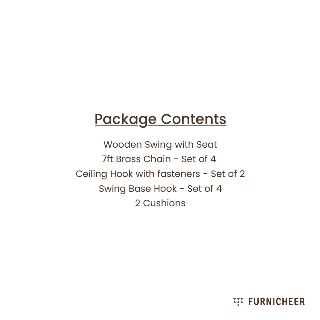 List of package contents including a wooden swing, brass hanging chains, ceiling hook and swing base hook and 2 cushions
