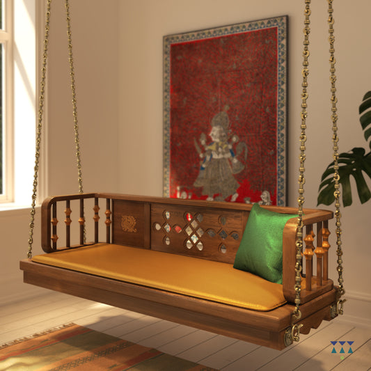 MADHAV - Brown PU Finished Modern Wooden Swing Bench with Traditional Brass Chain Links