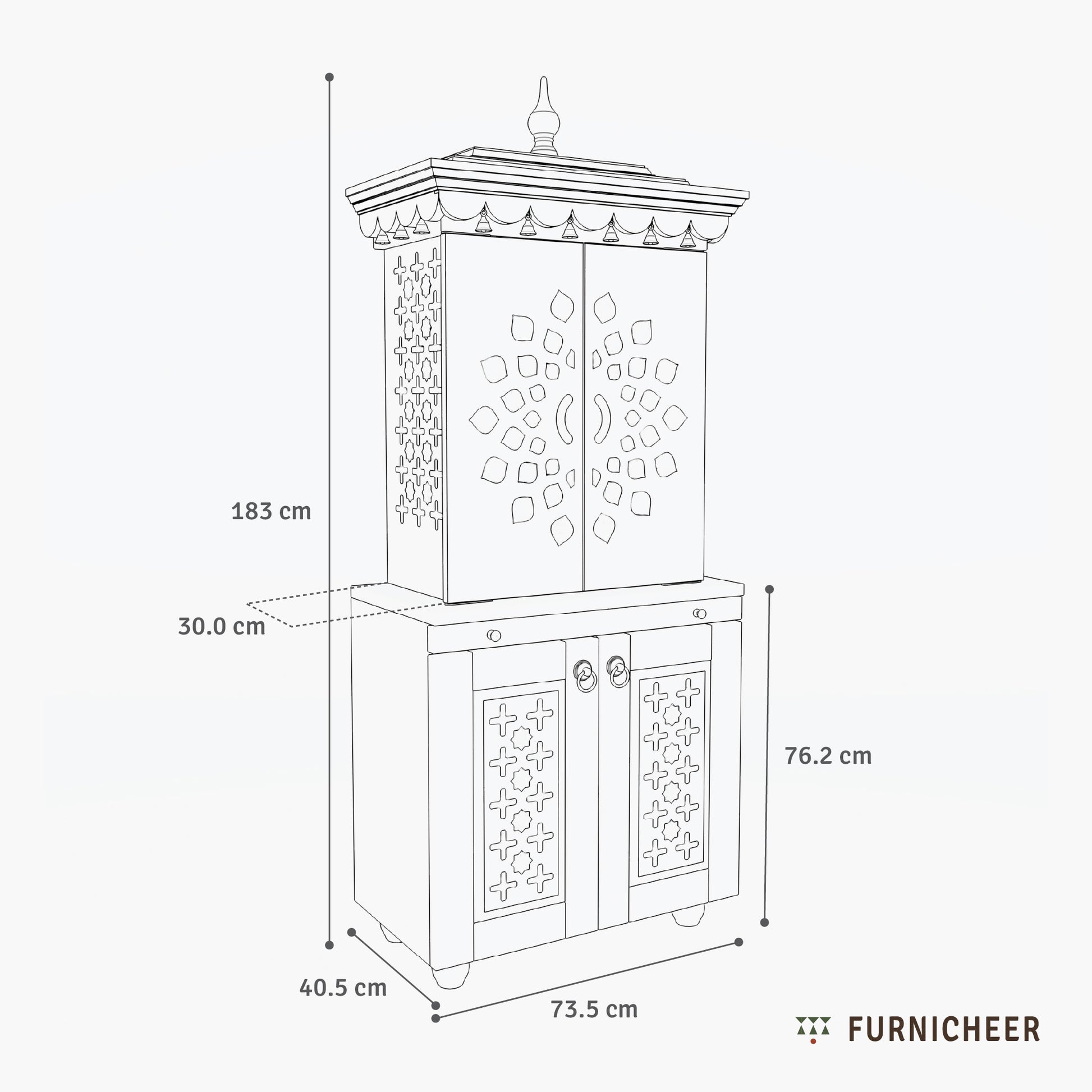 Dimensions of a decorative cabinet with intricate patterns, labeled in centimeters