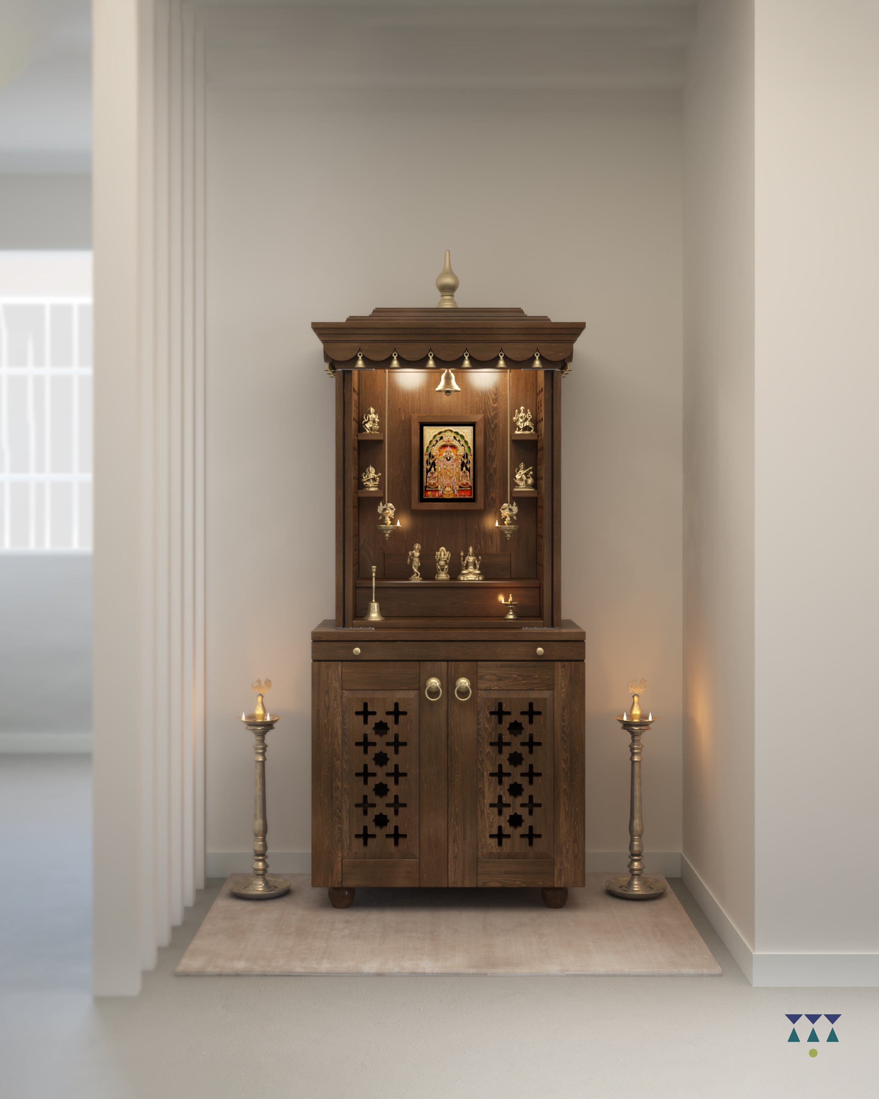 MORYA  - Beautiful Free Standing Puja Mandapam with Doors & Brass Accents