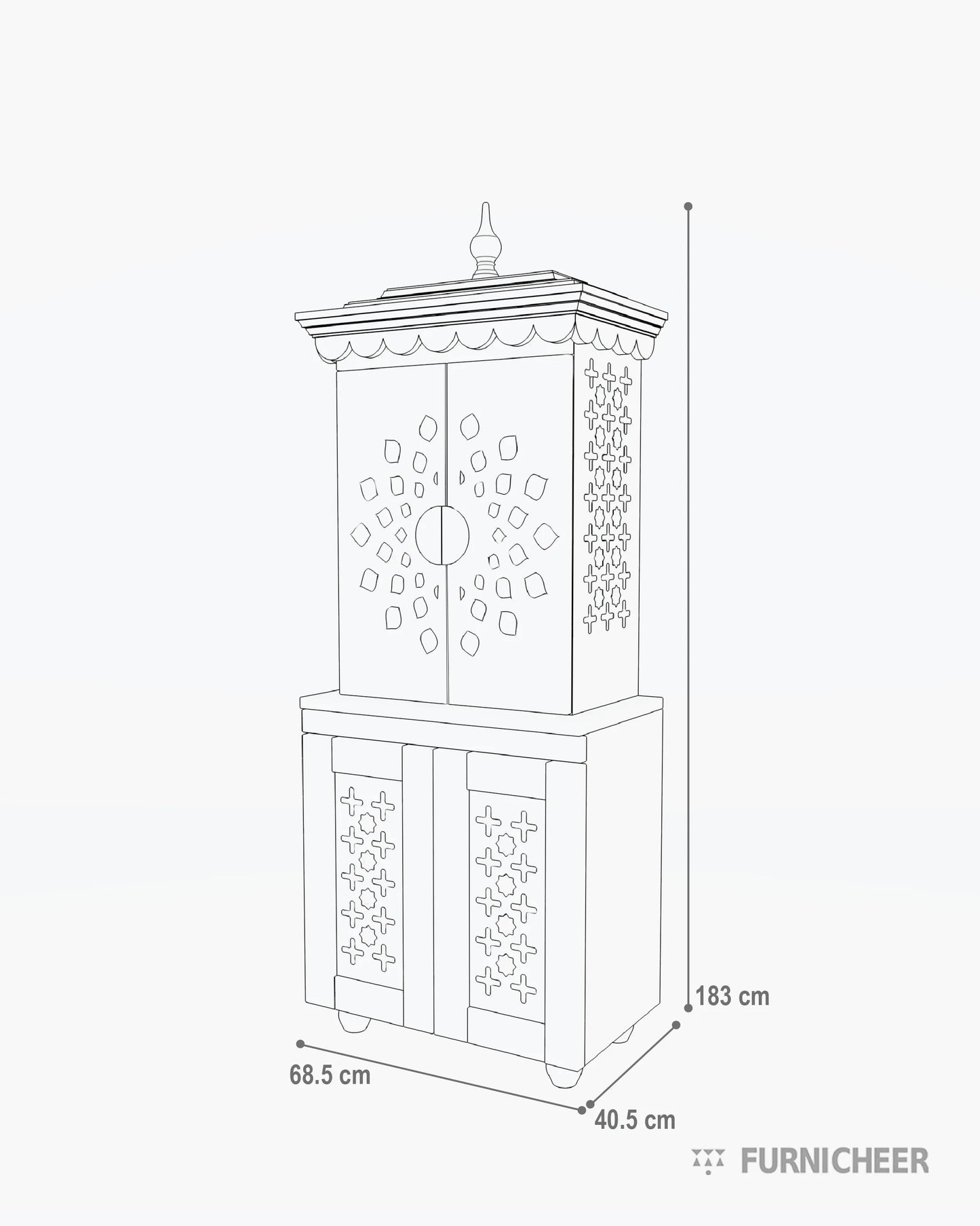 Teak Wooden Puja Mandapam with Accents Size Diagram