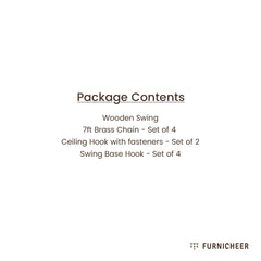 List of package contents including a wooden swing, brass hanging chains, ceiling hook and swing base hook