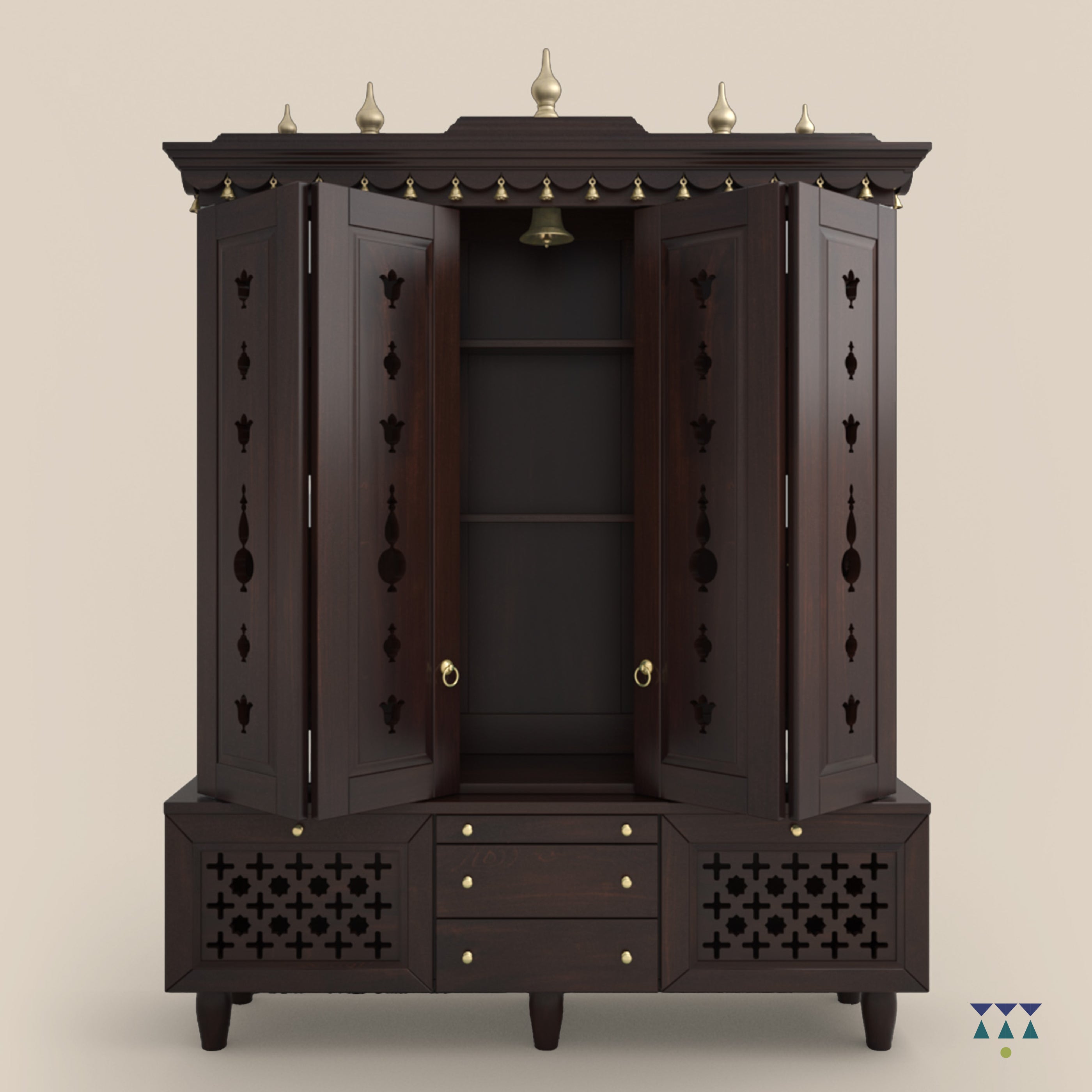 MAHESHAYA -Traditional Indian wooden Hindu temple for home | Large handcrafted pooja mandir with gold accents perfect for rituals