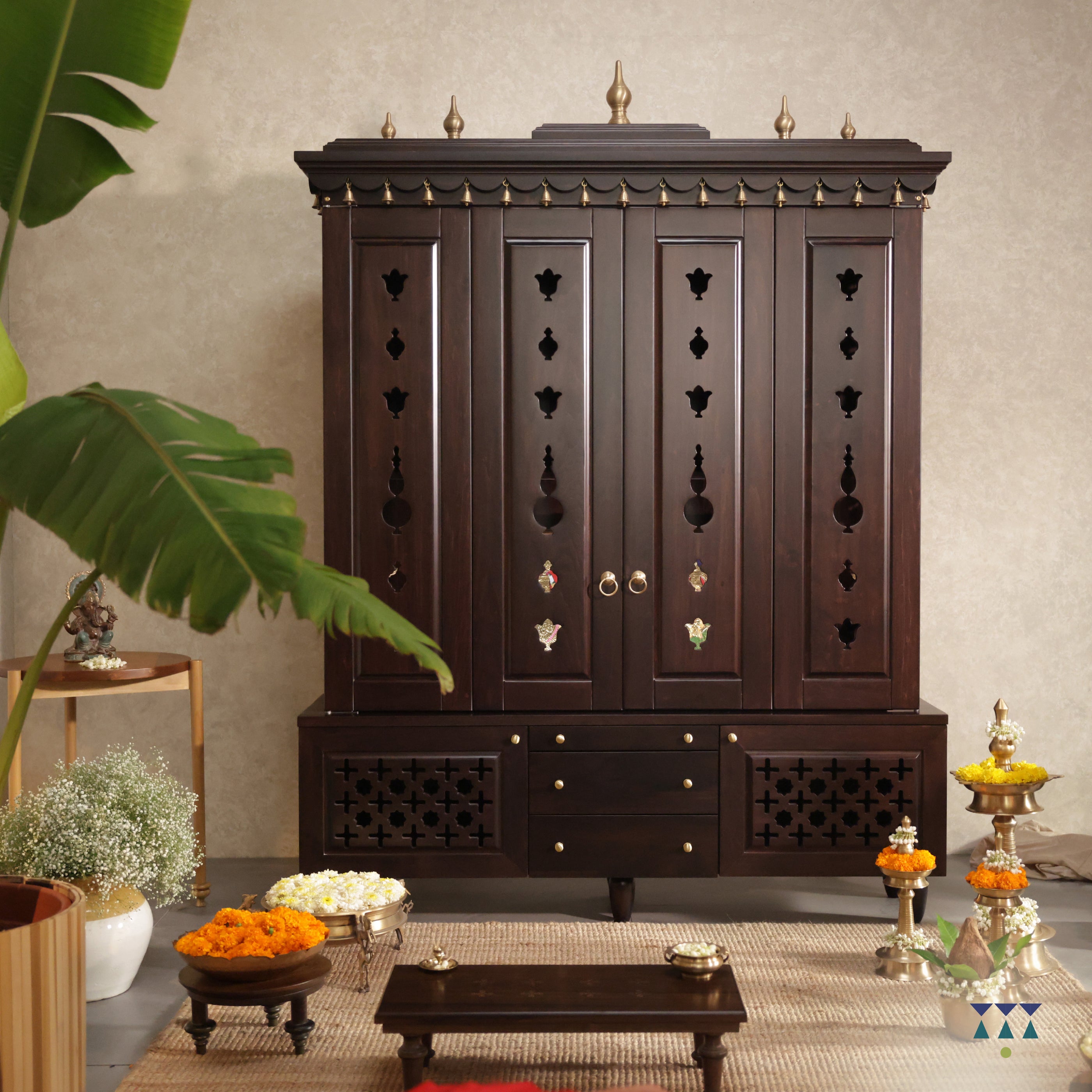 MAHESHAYA -Traditional Indian wooden Hindu temple for home | Large handcrafted pooja mandir with gold accents perfect for rituals
