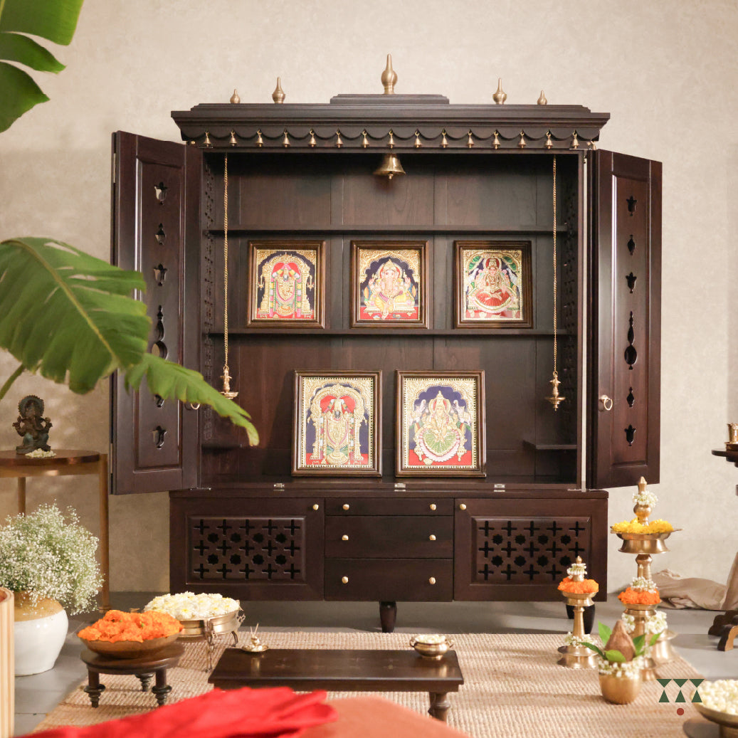 Traditional wooden temple cabinet with decorative items in a room setting