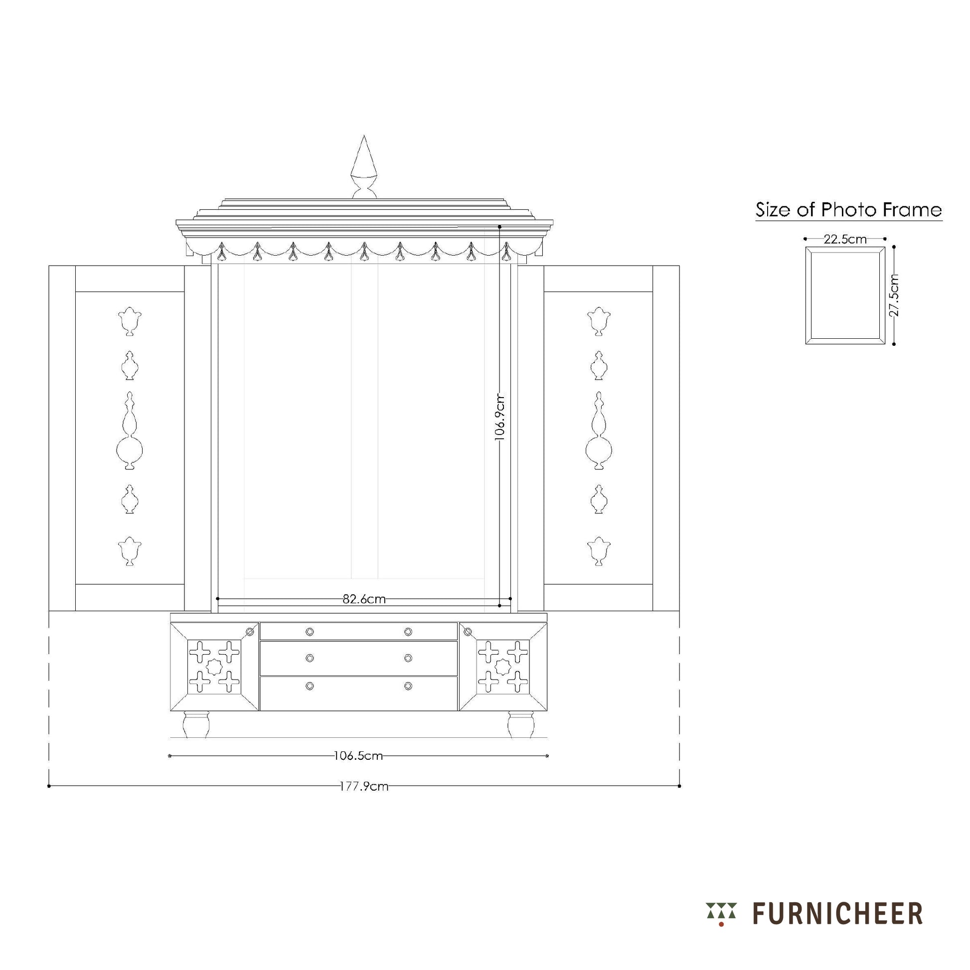 Technical drawing of a decorative photo frame with dimensions and Furnicheer branding.