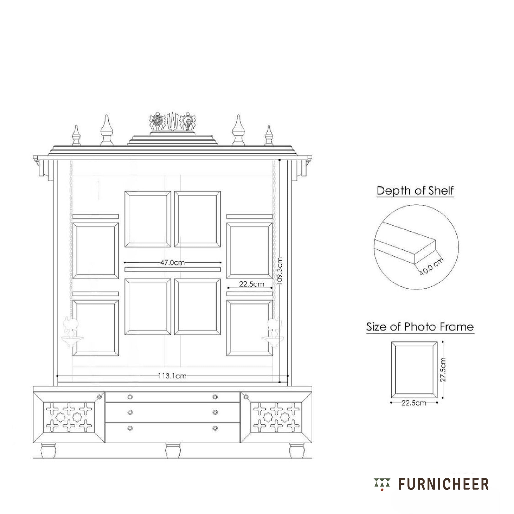 Technical drawing of a wooden cabinet with dimensions and measurements, branded 'Furnicheer'.