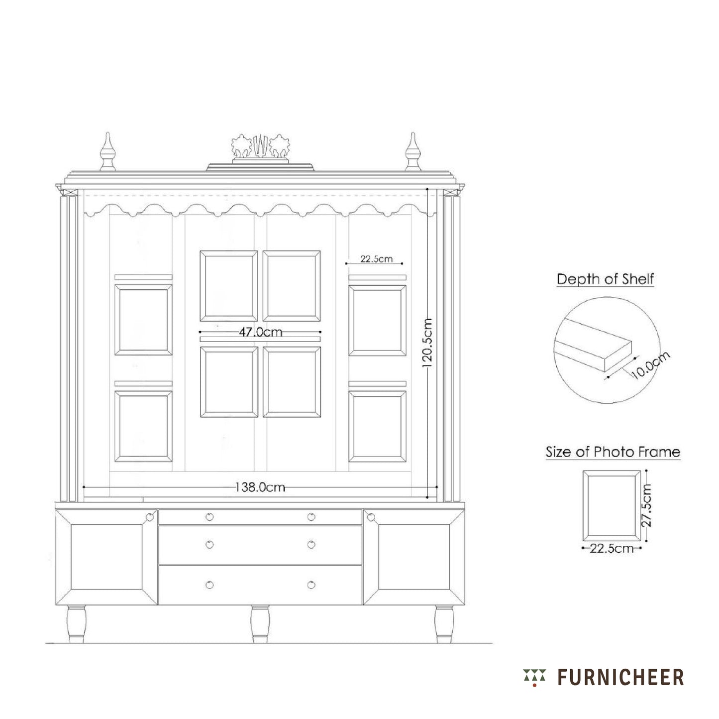 Technical drawing of a wooden cabinet with dimensions labeled, featuring the brand 'Furnicheer'.
